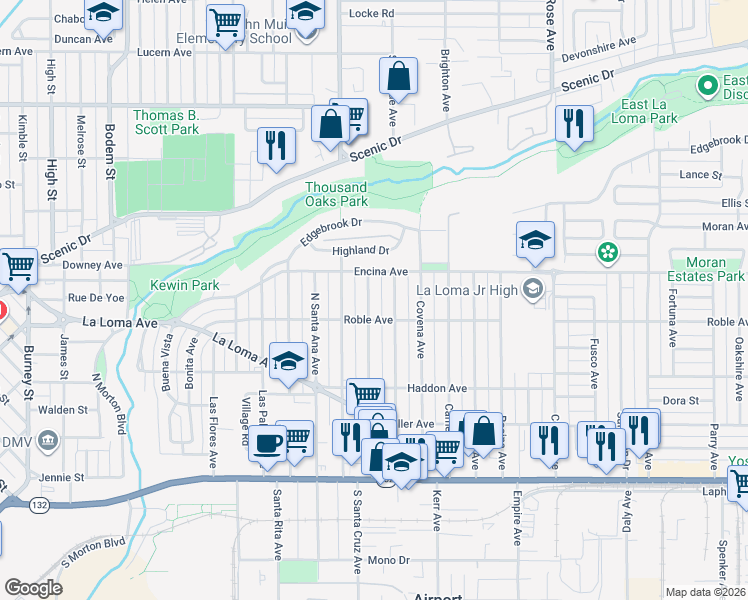 map of restaurants, bars, coffee shops, grocery stores, and more near 405 Rowland Avenue in Modesto
