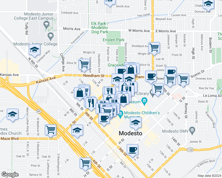map of restaurants, bars, coffee shops, grocery stores, and more near 1201 California 108 in Modesto