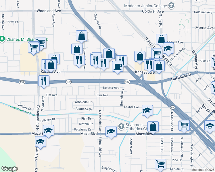 map of restaurants, bars, coffee shops, grocery stores, and more near 912 Loletta Avenue in Modesto