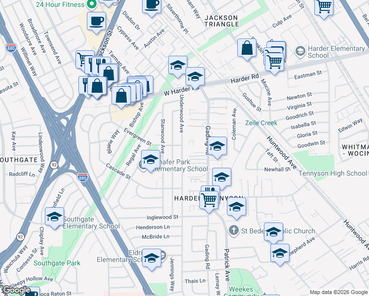 map of restaurants, bars, coffee shops, grocery stores, and more near 26220 Underwood Avenue in Hayward