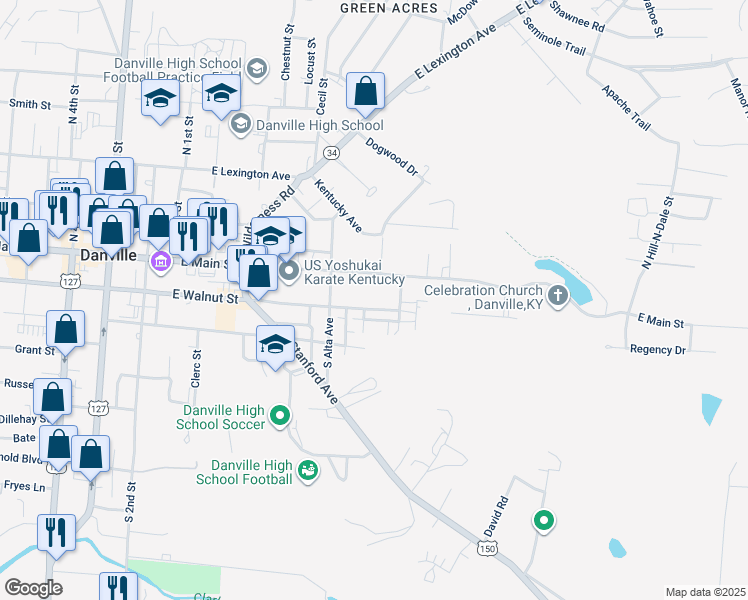 map of restaurants, bars, coffee shops, grocery stores, and more near 540 East Walnut Street in Danville