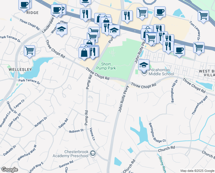map of restaurants, bars, coffee shops, grocery stores, and more near 11743 Triple Notch Terrace in Richmond