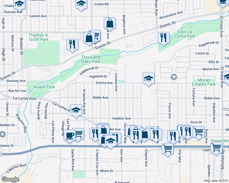 map of restaurants, bars, coffee shops, grocery stores, and more near 413 Covena Avenue in Modesto