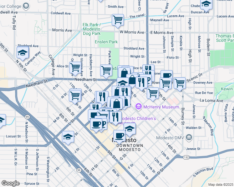 map of restaurants, bars, coffee shops, grocery stores, and more near 1025 14th Street in Modesto