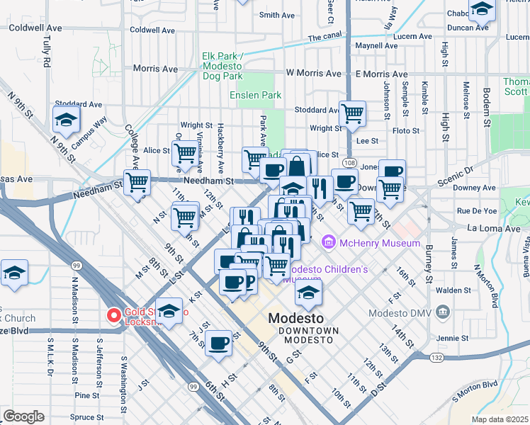 map of restaurants, bars, coffee shops, grocery stores, and more near 1101 13th Street in Modesto