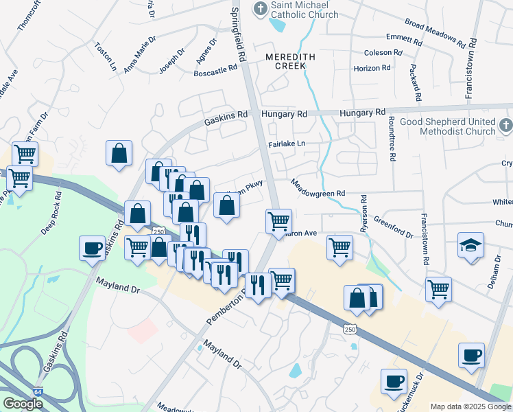map of restaurants, bars, coffee shops, grocery stores, and more near 9643 Greenmeadow Circle in Glen Allen