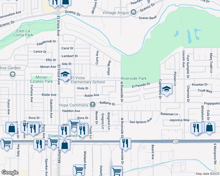 map of restaurants, bars, coffee shops, grocery stores, and more near 2508 Kildare Lane in Modesto