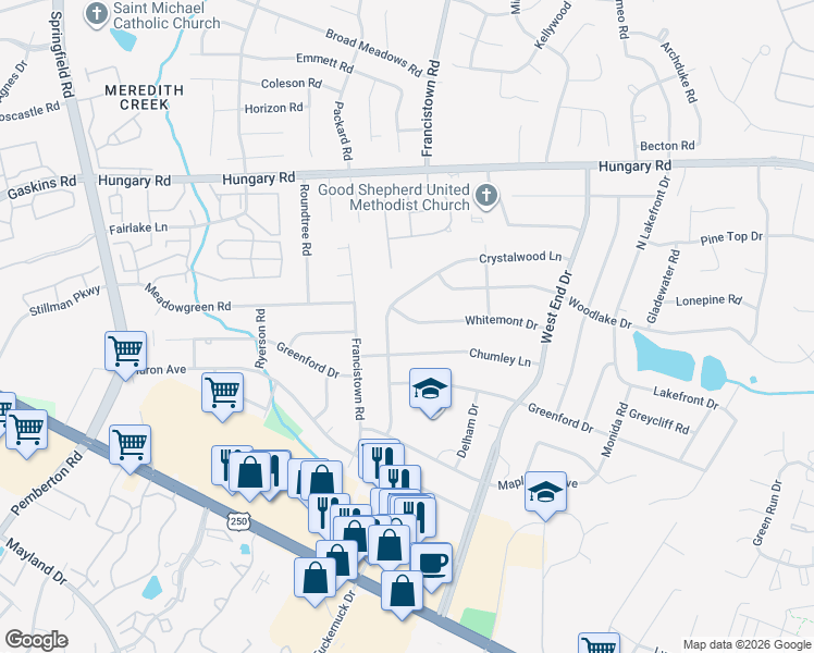 map of restaurants, bars, coffee shops, grocery stores, and more near 4003 Crystalwood Lane in Richmond