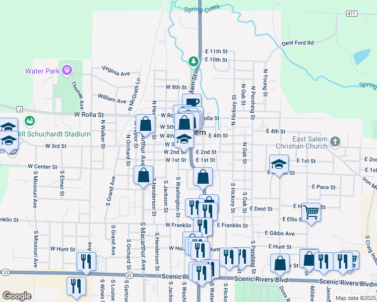 map of restaurants, bars, coffee shops, grocery stores, and more near 201 North Main Street in Salem
