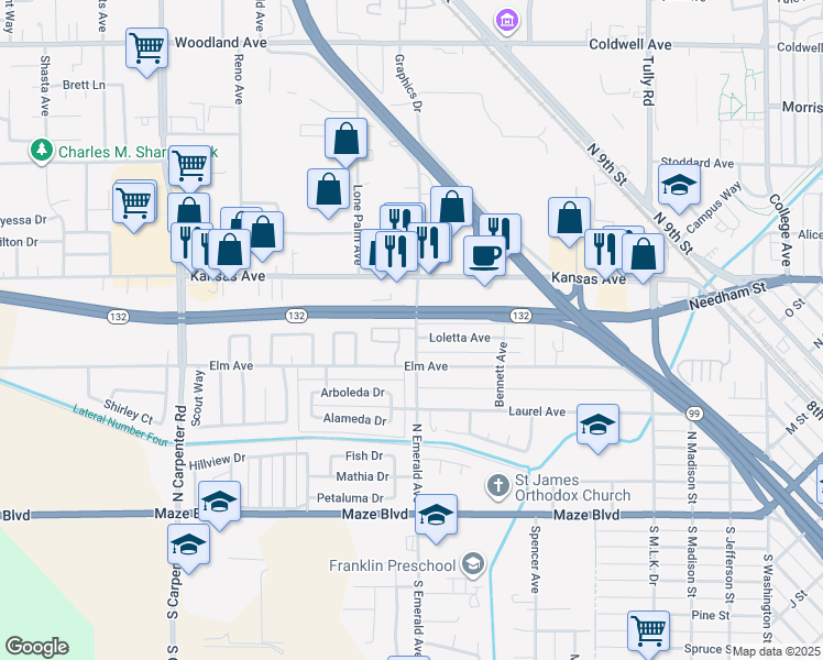 map of restaurants, bars, coffee shops, grocery stores, and more near 601 North Emerald Avenue in Modesto