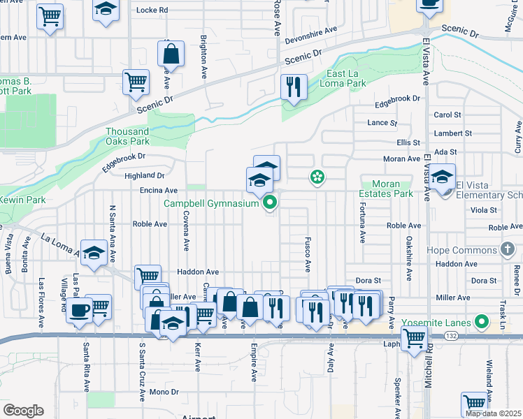 map of restaurants, bars, coffee shops, grocery stores, and more near 1800 Encina Avenue in Modesto