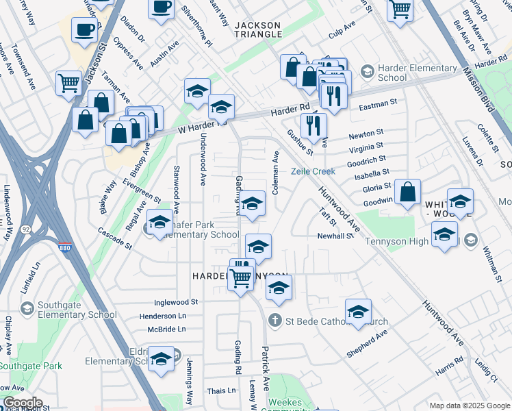 map of restaurants, bars, coffee shops, grocery stores, and more near 26231 Gamboa Street in Hayward