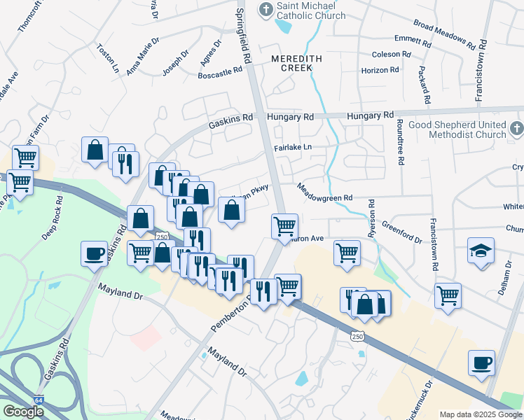 map of restaurants, bars, coffee shops, grocery stores, and more near 9643 Greenmeadow Circle in Glen Allen