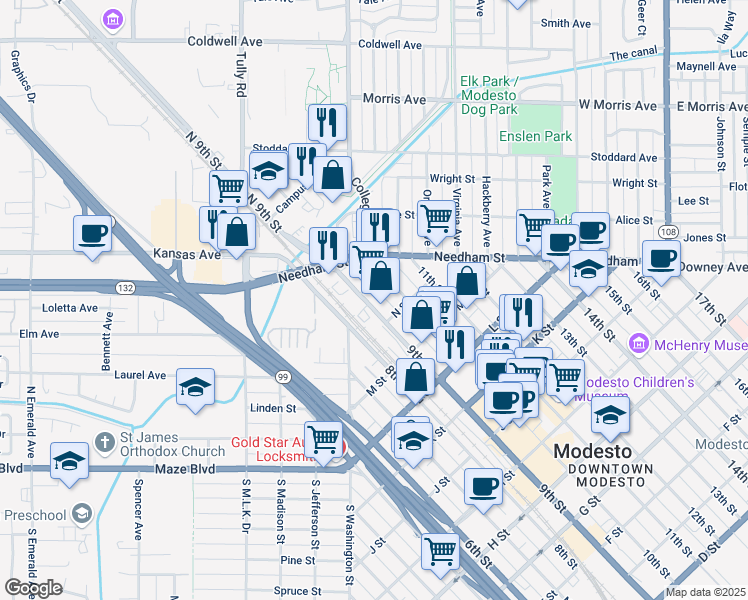 map of restaurants, bars, coffee shops, grocery stores, and more near 1355-1399 9th St in Modesto