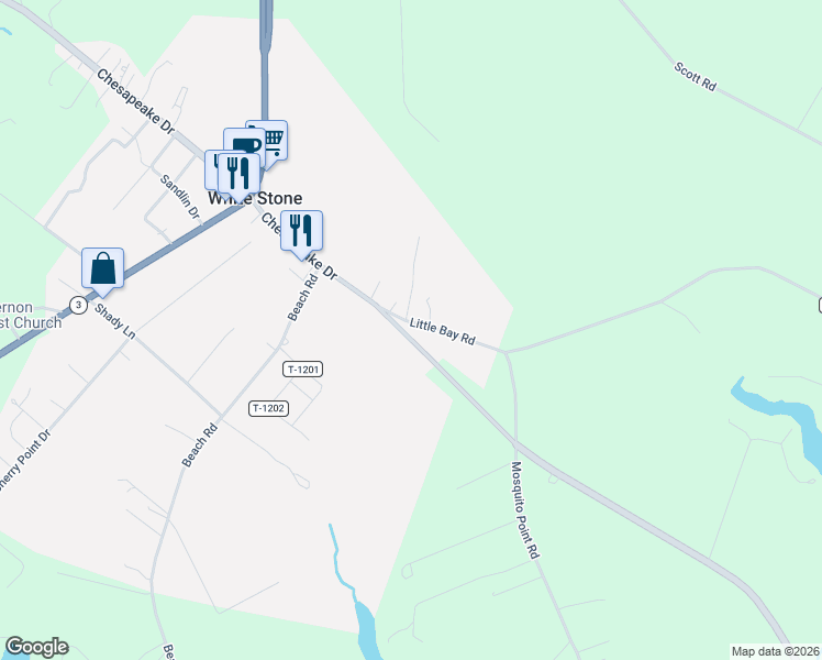 map of restaurants, bars, coffee shops, grocery stores, and more near 898 Chesapeake Drive in White Stone