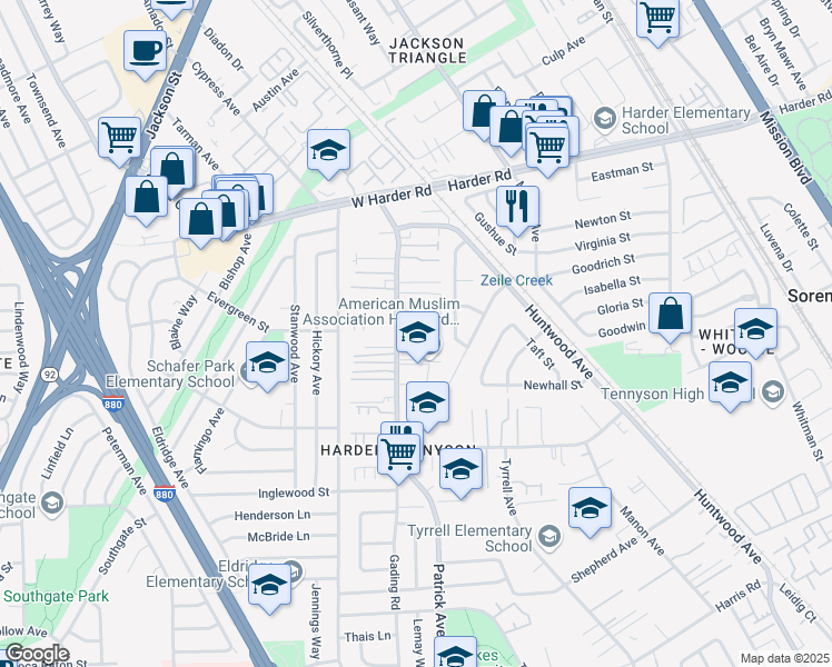 map of restaurants, bars, coffee shops, grocery stores, and more near 332 Dumont Avenue in Hayward