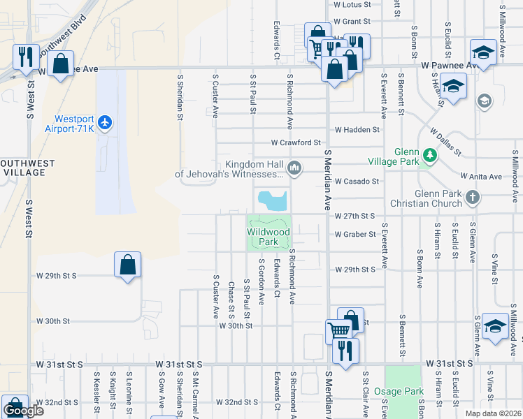 map of restaurants, bars, coffee shops, grocery stores, and more near 2901-2949 W 27th St S in Wichita
