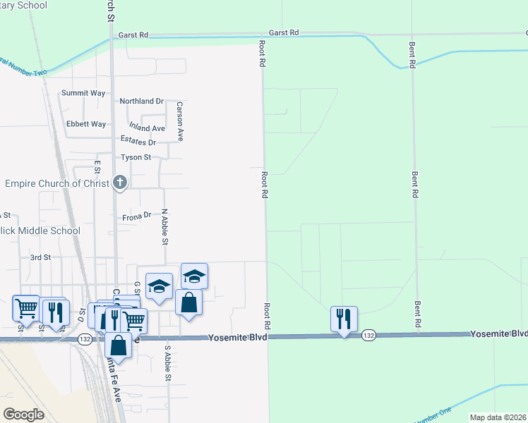 map of restaurants, bars, coffee shops, grocery stores, and more near 425-429 Root Rd in Modesto