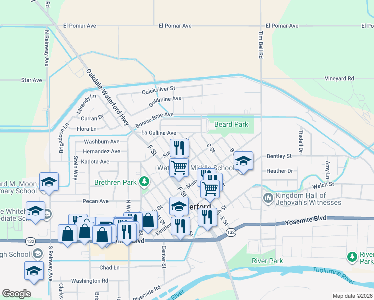 map of restaurants, bars, coffee shops, grocery stores, and more near 12517 Dorsey Street in Waterford