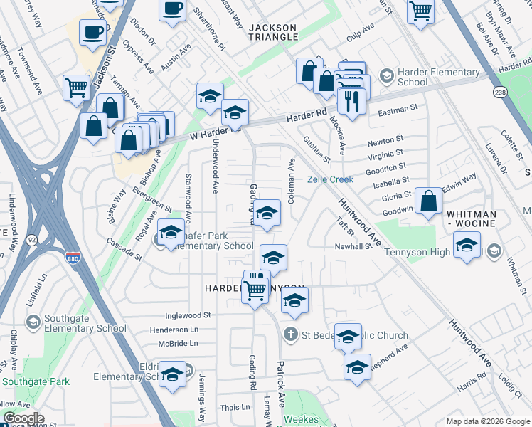 map of restaurants, bars, coffee shops, grocery stores, and more near 332 Dumont Avenue in Hayward