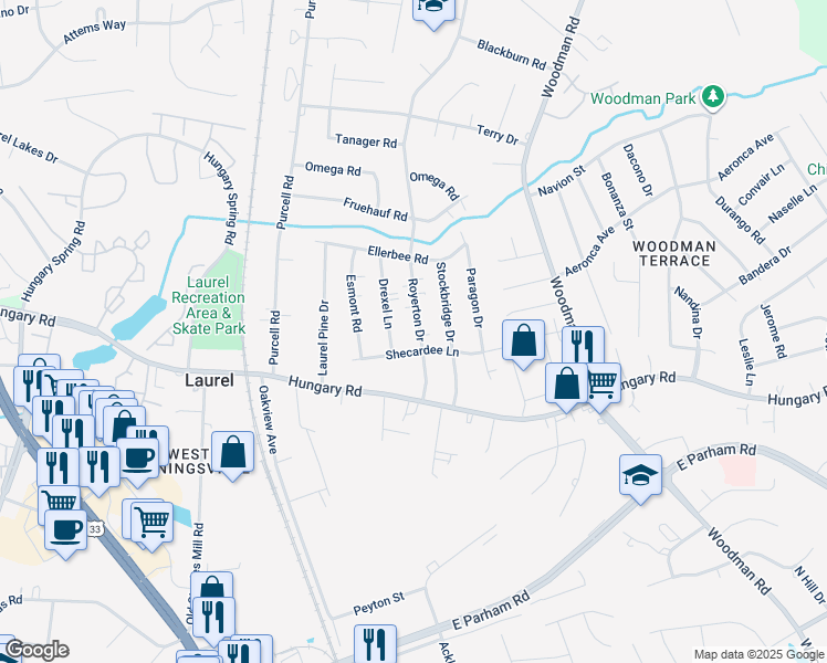 map of restaurants, bars, coffee shops, grocery stores, and more near 9704 Royerton Drive in Richmond