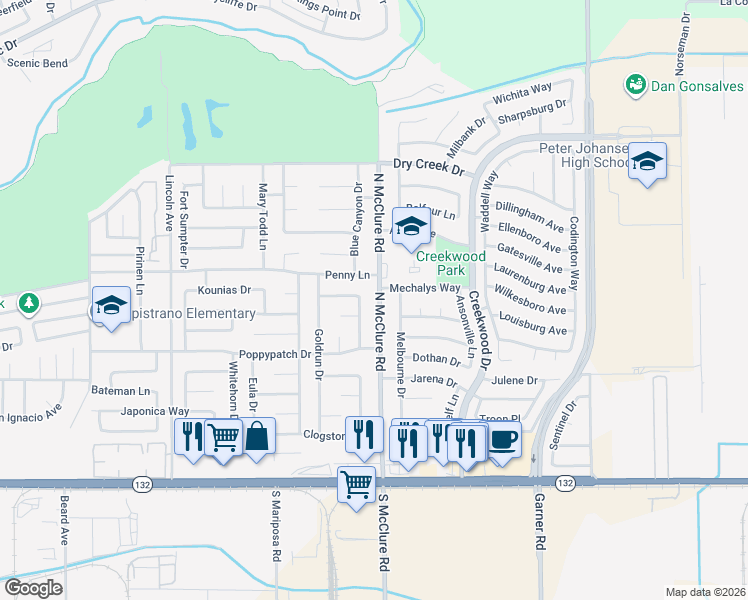 map of restaurants, bars, coffee shops, grocery stores, and more near 428 North McClure Road in Modesto