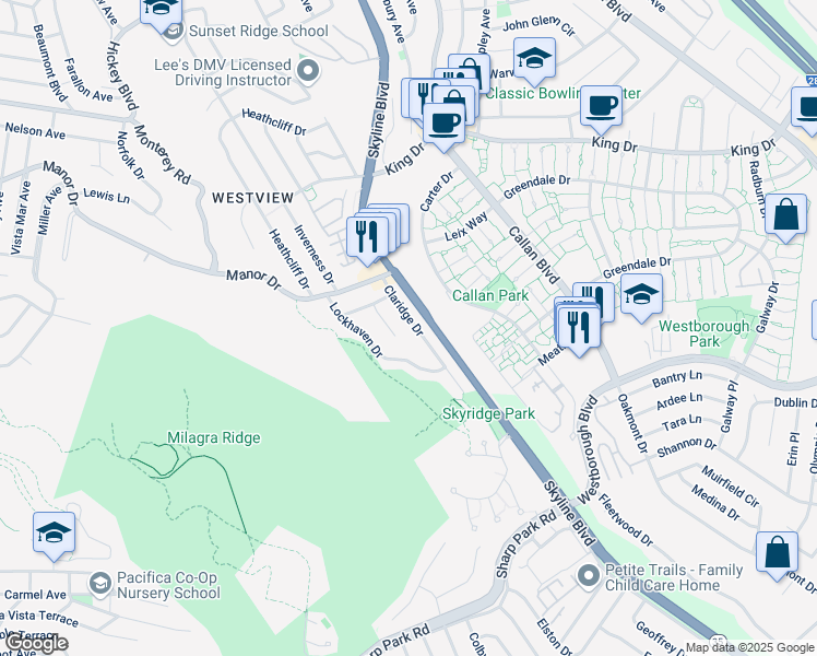 map of restaurants, bars, coffee shops, grocery stores, and more near 704 Claridge Drive in Pacifica