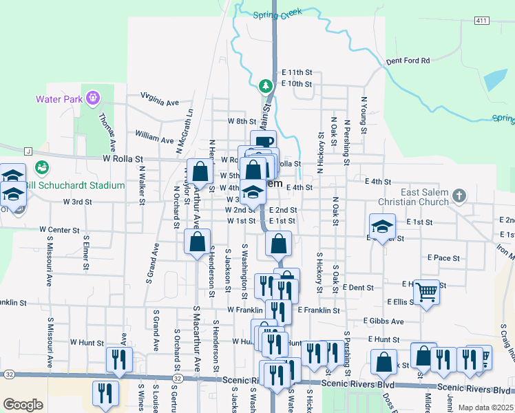 map of restaurants, bars, coffee shops, grocery stores, and more near 203 North Main Street in Salem