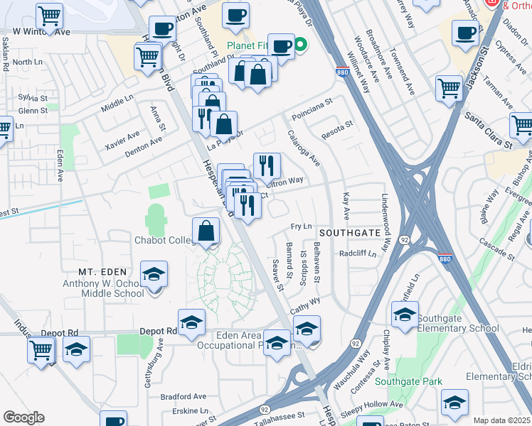 map of restaurants, bars, coffee shops, grocery stores, and more near 25073 Copa Del Oro Drive in Hayward