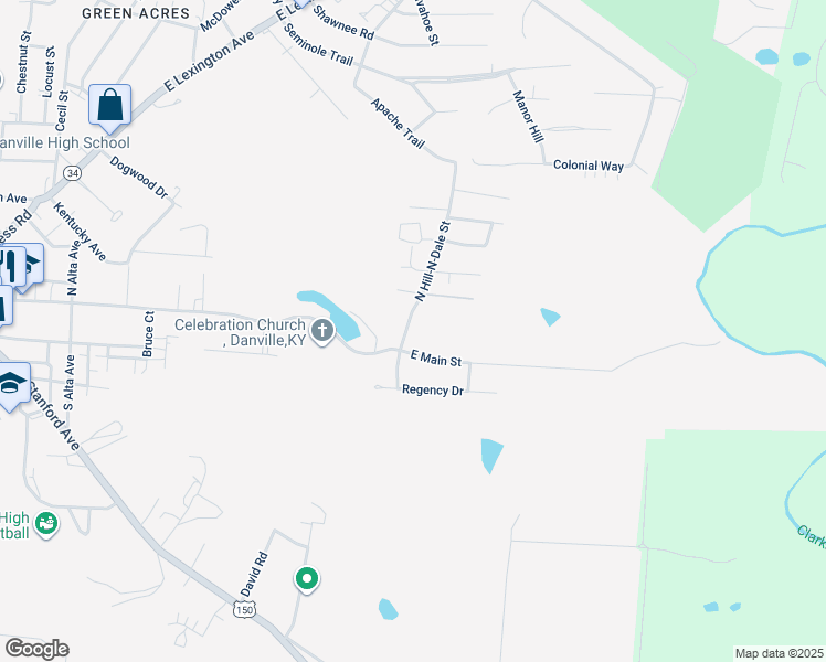 map of restaurants, bars, coffee shops, grocery stores, and more near 260 North Hill-N-Dale Street in Danville
