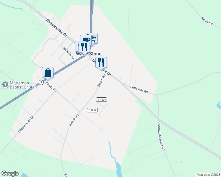 map of restaurants, bars, coffee shops, grocery stores, and more near 762 Chesapeake Drive in White Stone