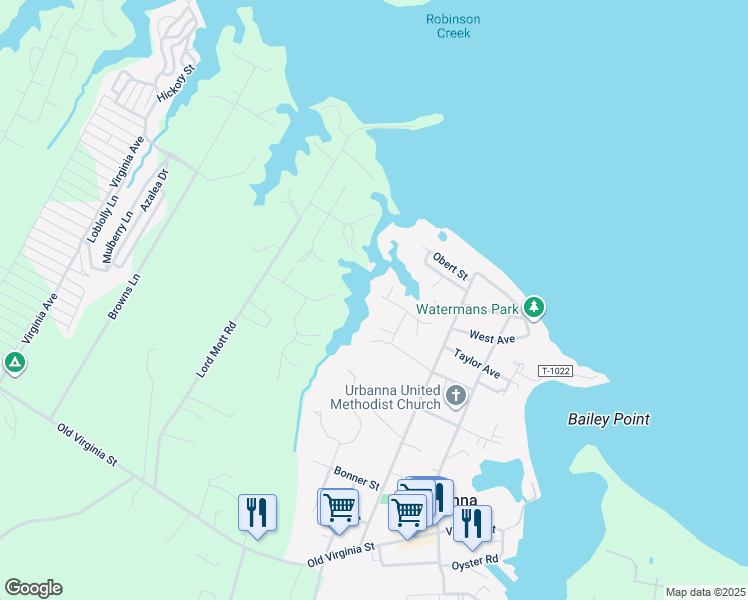 map of restaurants, bars, coffee shops, grocery stores, and more near 460 Knapp Street in Urbanna