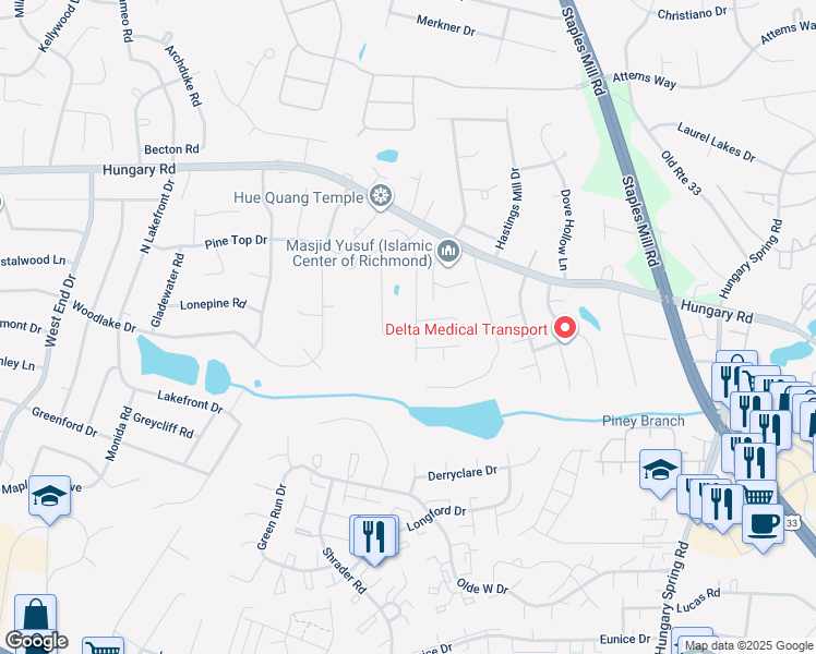 map of restaurants, bars, coffee shops, grocery stores, and more near 9508 Hungary Woods Drive in Glen Allen