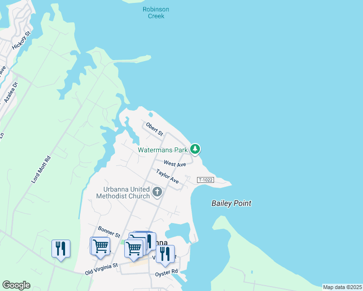 map of restaurants, bars, coffee shops, grocery stores, and more near 210 Kent Street in Urbanna