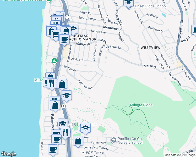 map of restaurants, bars, coffee shops, grocery stores, and more near 831 Edgemar Avenue in Pacifica