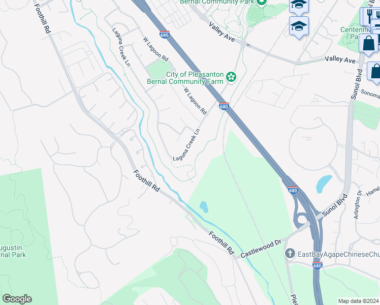 map of restaurants, bars, coffee shops, grocery stores, and more near 1062 Laguna Creek Lane in Pleasanton