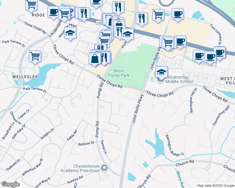 map of restaurants, bars, coffee shops, grocery stores, and more near 11749 Triple Notch Terrace in Richmond