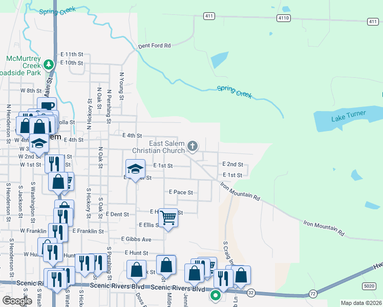 map of restaurants, bars, coffee shops, grocery stores, and more near 1105 Iron Mountain Road in Salem