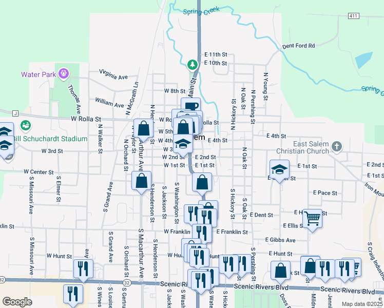 map of restaurants, bars, coffee shops, grocery stores, and more near 204 North Main Street in Salem
