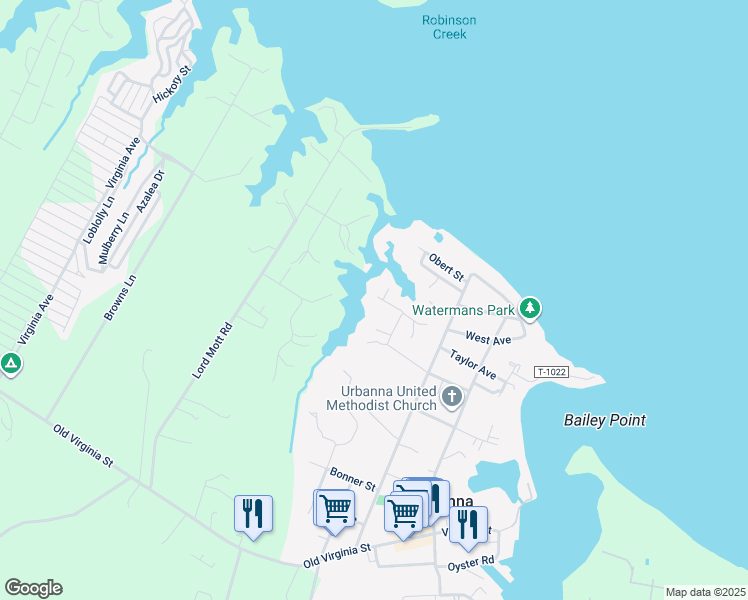 map of restaurants, bars, coffee shops, grocery stores, and more near 460 Knapp Street in Urbanna