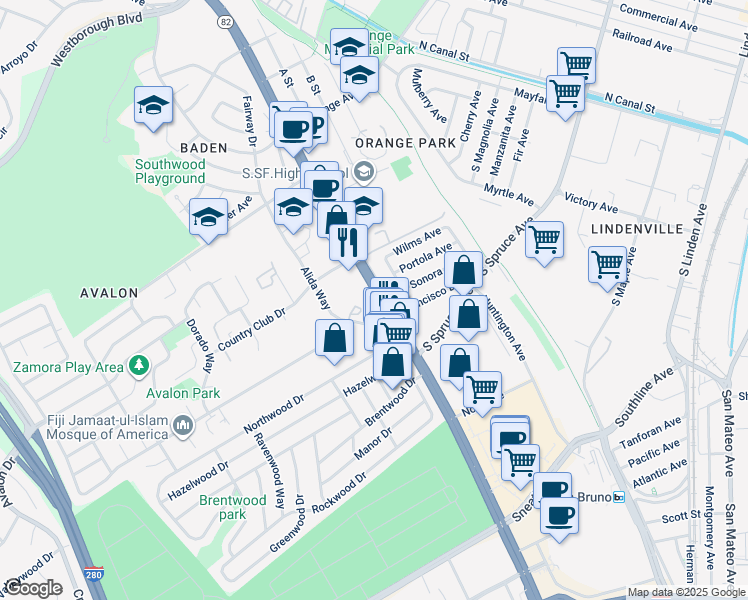 map of restaurants, bars, coffee shops, grocery stores, and more near 338 Alida Way in South San Francisco