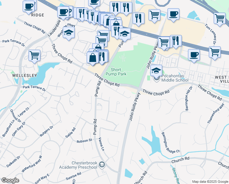 map of restaurants, bars, coffee shops, grocery stores, and more near 11749 Triple Notch Terrace in Richmond