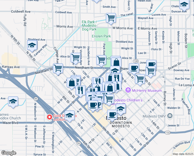 map of restaurants, bars, coffee shops, grocery stores, and more near 1201 California 108 in Modesto