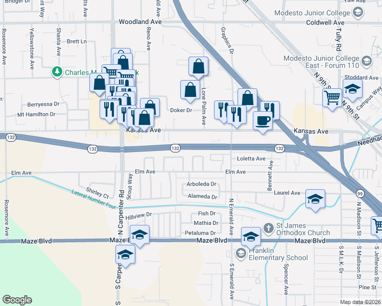 map of restaurants, bars, coffee shops, grocery stores, and more near 537 Custer Court in Modesto