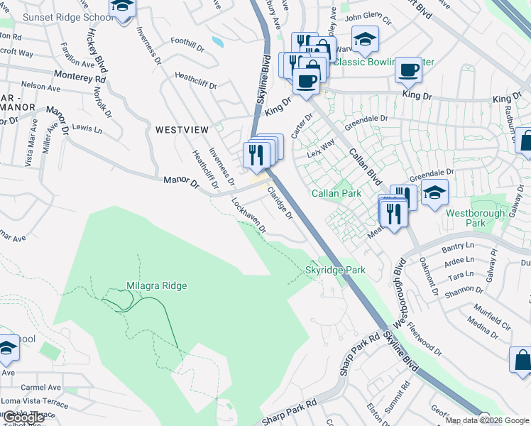 map of restaurants, bars, coffee shops, grocery stores, and more near 640 Heather Court in Pacifica