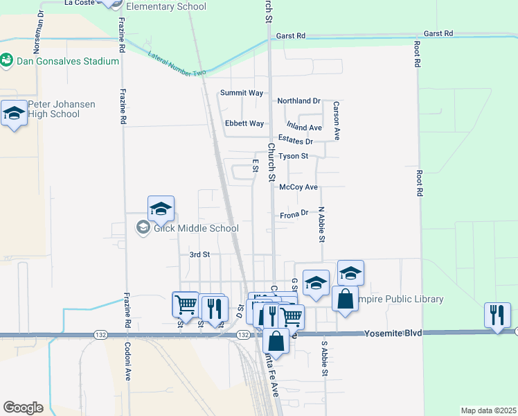 map of restaurants, bars, coffee shops, grocery stores, and more near 409 Church Street in Modesto