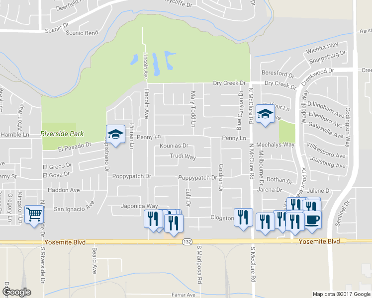 map of restaurants, bars, coffee shops, grocery stores, and more near 3108 Kounias Drive in Modesto