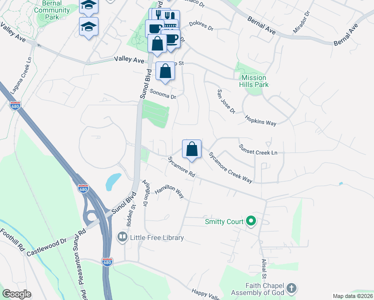 map of restaurants, bars, coffee shops, grocery stores, and more near 530 Sycamore Road in Pleasanton