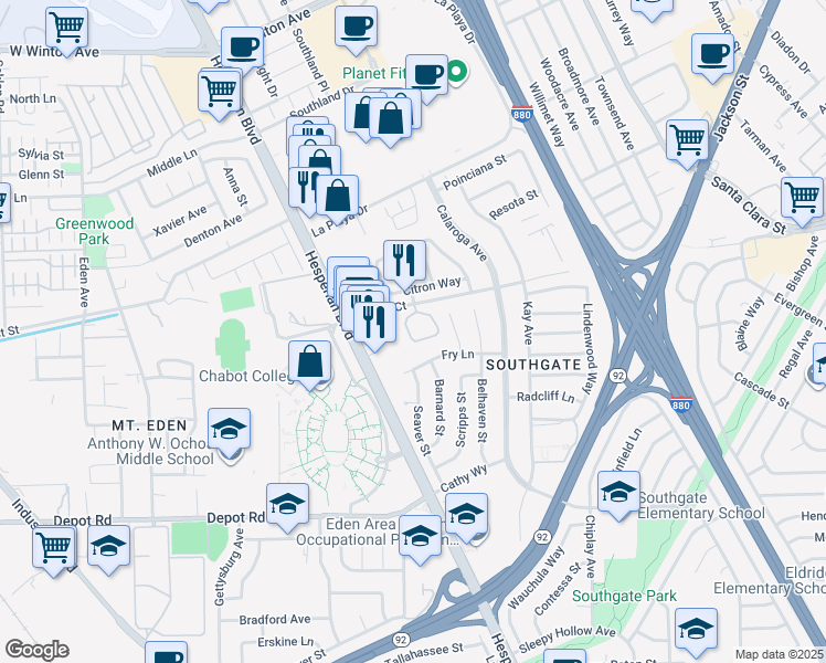 map of restaurants, bars, coffee shops, grocery stores, and more near 25091 Copa Del Oro Drive in Hayward