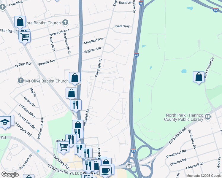 map of restaurants, bars, coffee shops, grocery stores, and more near 8851 Telegraph Road in Glen Allen